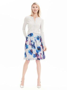 Banana Republic Watercolor Pleated Skirt White and Blue Midnight Floral